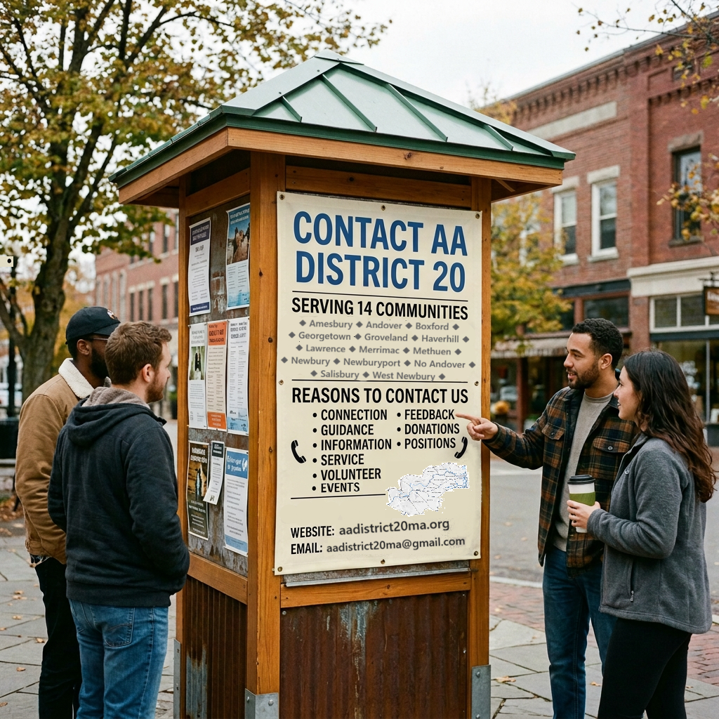 Kiosk sign reads CONTACT AA DISTRICT 20, SERVING 14 TOWNS, and lists contact reasons, phone, website, and email.